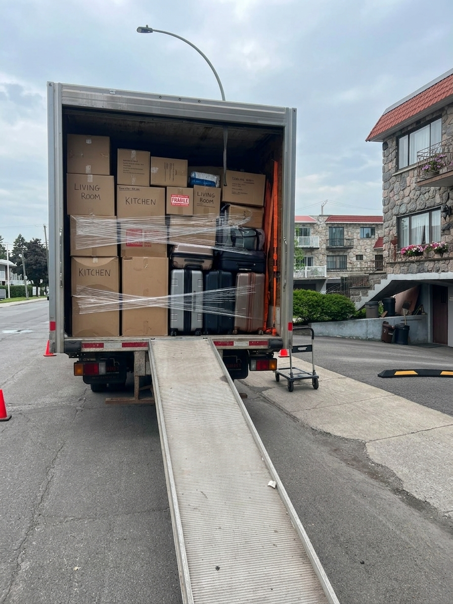 Transport de boîtes et valises chargées dans un camion de déménagement