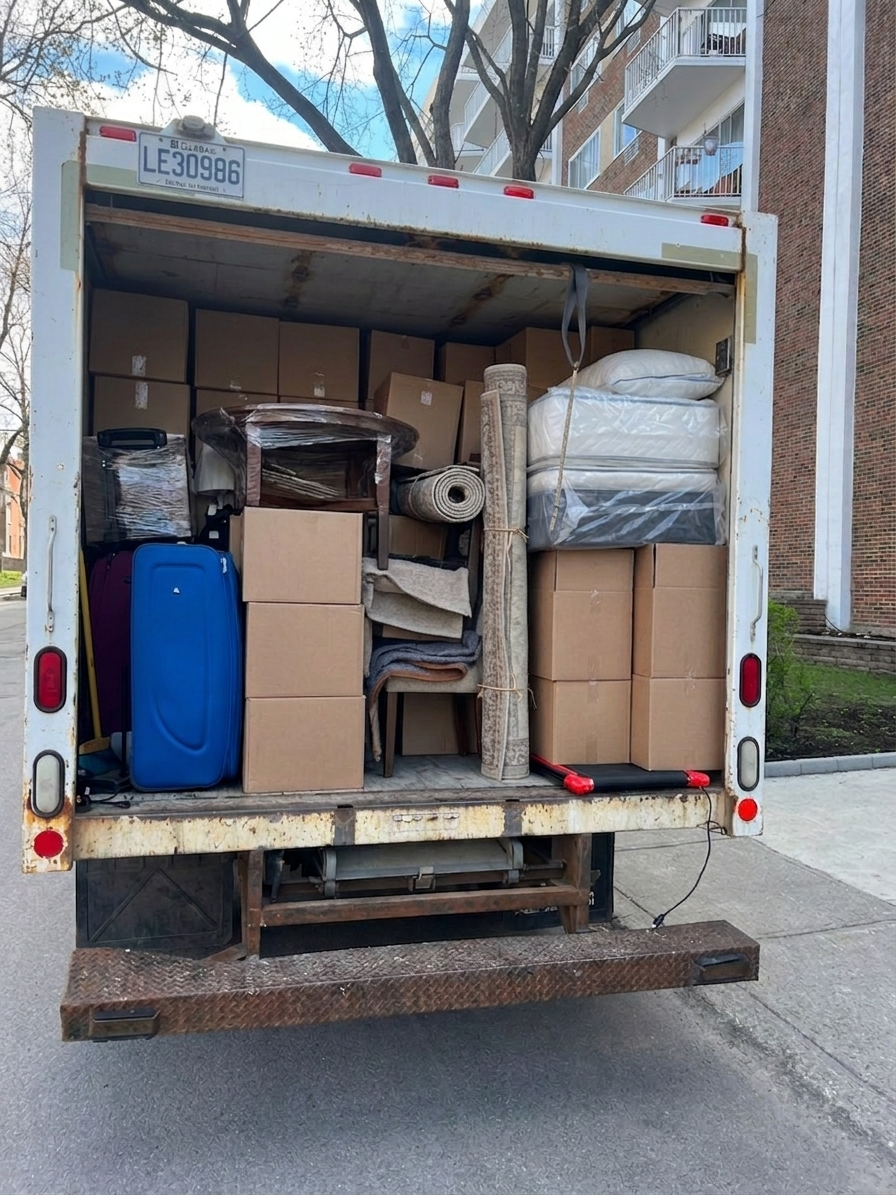 Déménagement résidentiel complet avec camion chargé de boîtes et bagages
